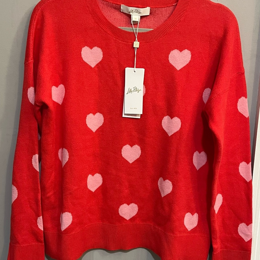 Lilly Pulitzer Tensley Vibrant Red Sweater with Pink Hearts Cotton NWT
